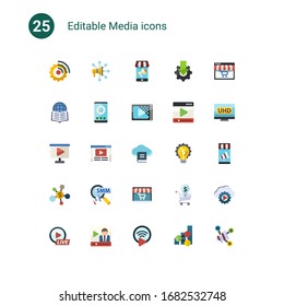 25 media flat icons set isolated on . Icons set with Streaming software, Advertising Networks, Mobile marketing, Affiliate Marketing, app development, Encoding, video Presentation icons.