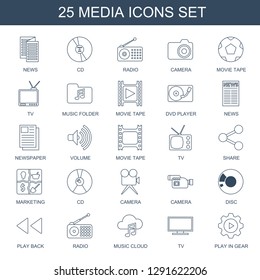 25 media icons. Trendy media icons white background. Included line icons such as news, CD, radio, camera, movie tape, TV, music folder, dvd player. media icon for web and mobile.