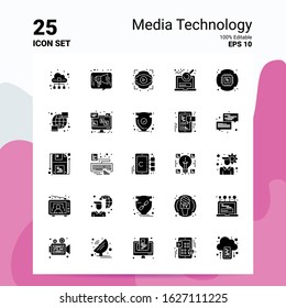 25 Media Technology Icon Set. 100% Editable EPS 10 Files. Business Logo Concept Ideas Solid Glyph icon design