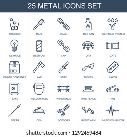 25 metal icons. Trendy metal icons white background. Included outline icons such as trash bin, mace, chain, milk can, watering system, keyhole. metal icon for web and mobile.