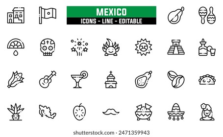 25 iconos de méxico, línea de Vector, trazo editable.