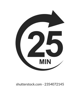 25 min countdawn icon with circle arrow. Stopwatch symbol. Sport or cooking timer isolated on white background. Delivery, deadline, duration sign. Vector graphic illustration