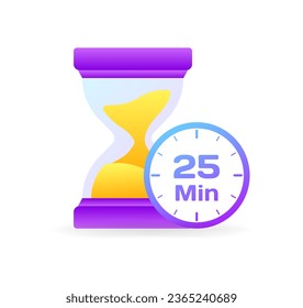 25 min timer. Flat, color, hourglass, 25 minutes left, 25 minute timer. Vector icon