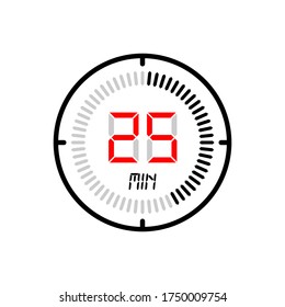 The 25 minute icon isolated on white background. stopwatch vector icon, digital timer. clock and watch, timer, countdown symbol. Vector illustration for logo, web, app, UI.