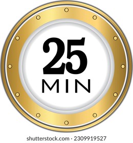 25 minute icon. Symbol for product labels. Different uses such as cooking time, cosmetic or chemical application time, waiting time . 25min time circle icon. isolated background.