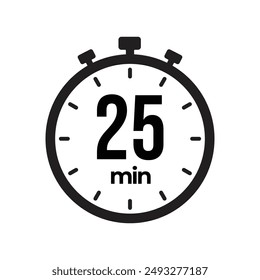 25 minute Timer, clock, stopwatch isolated icons. Countdown timer symbol. Label cooking time. Minute timer, Time measure, Chronometer, Alarm, Kitchen timer, label, sticker, stamp.  Vector illustration