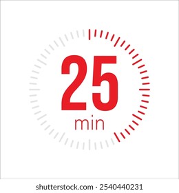 25 minute Timer, clock, stopwatch isolated icons. Countdown timer symbol. Label cooking time. Minute timer, Time measure, Chronometer, Alarm, Kitchen timer, label, sticker, stamp. Vector illustration