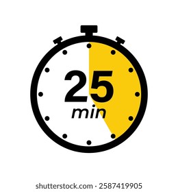 25 minute Timer, clock, stopwatch isolated icons. Countdown timer symbol. Label cooking time. Minute timer, Time measure, Chronometer, Alarm, Kitchen timer, label, sticker, stamp. Vector illustration