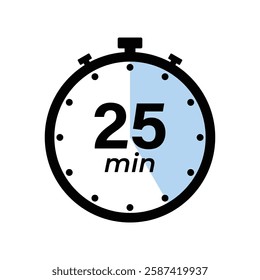 25 minute Timer, clock, stopwatch isolated icons. Countdown timer symbol. Label cooking time. Minute timer, Time measure, Chronometer, Alarm, Kitchen timer, label, sticker, stamp. Vector illustration