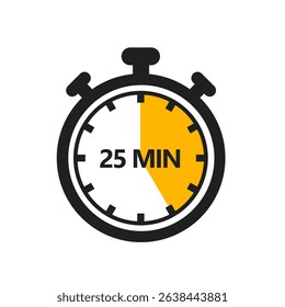 25 Minute Timer Icon in a Modern Flat Style. A Clock, Stopwatch, or Chronometer Displaying a Twenty Five Minute Mark. Ideal for Cooking Duration or Countdown Display
