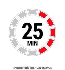 25 minute vector icon, stopwatch symbol, countdown. Isolated illustration with timer.