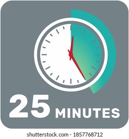 25 minutes, analog clock, isolated timer icon. Vector illustration, EPS.