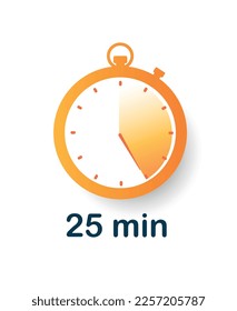 25 minutes clock icon. Sticker for social networks and messengers. Template, layout and mock up. Time management and deadline. Business alarm. Cartoon flat vector illustration