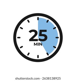 25 minutes. Countdown timer icon. Isolated vector illustration.