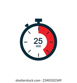 25 minutes, 25 min stopwatch vector icon. Stopwatch icon in flat style on a white background. Vector.