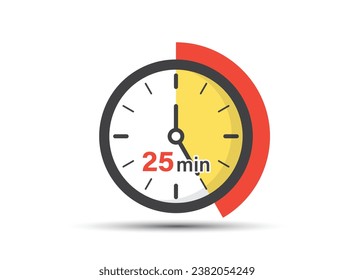 25 minutes on stopwatch icon in flat style. Clock face timer vector illustration on isolated background. Countdown sign business concept.