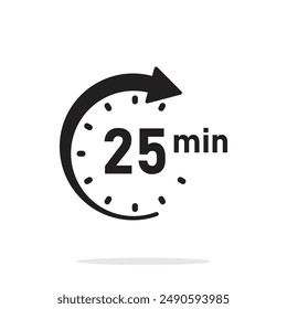 25 Minuten auf Stoppuhr-Ikone im flachen Stil. Vektorillustration des Zeitgebers auf isoliertem Hintergrund. Countdown-Zeichen Geschäftskonzept.