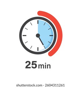 25 minutes on stopwatch icon in flat style. Clock face timer vector illustration on isolated background. Countdown sign business concept.