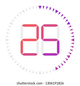 The 25 minutes, stopwatch vector icon, digital timer. Vector digital count down circle board with circle time pie diagram. Watch outline style design, designed for web and app.