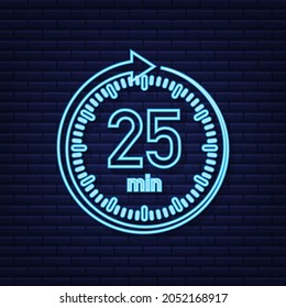 Die 25 Minuten, hören Sie Vektorneonsymbol. Stoppen Sie die Uhr Symbol im flachen Stil, Timer auf Farbhintergrund. Vektorgrafik.