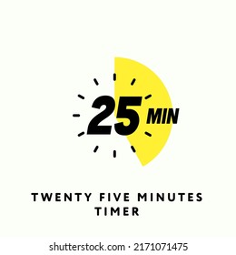 25 Minutes Timer Icon, Modern Flat Design. Clock, Stopwatch, Chronometer Showing Twenty Five Minutes Label. Cooking time, Countdown Indication. Isolated Vector eps.