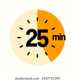 Icono De Temporizador De 25 Minutos, Diseño Moderno Sans Serif. Reloj, Cronómetro, Mostrando etiqueta de veinticinco minutos sobre círculo, Vector aislado eps