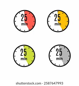 25 Minutes Timer Icon,Cooking time, Countdown Indication. Isolated Vector eps.Modern Flat Design. Clock, Stopwatch, Chronometer Showing Twenty Five Minutes Label. 