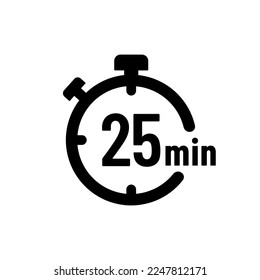 25 minutes timer or 25 minutes stopwatch icon vector on white background. 25 minutes timer, stopwatch or countdown icon. Time measure. Chronometr icon. Best 25 minutes icon vector.