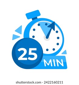 25 minutes timer. Stopwatch icon 25 min. Clock and watch limited cooking time. Vector illustration.