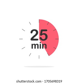 Temporizador de 25 minutos. Símbolo de Stopwatch de estilo plano. Ilustración vectorial aislada editable.
