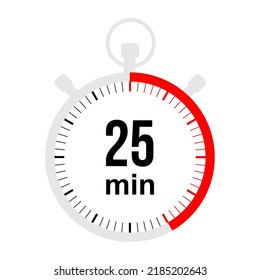 25 Minuten Zeitgeber. Stoppen Sie das Uhrensymbol im flachen Stil. Stoppt die Uhr einzeln auf weißem Hintergrund. Vektorgrafik