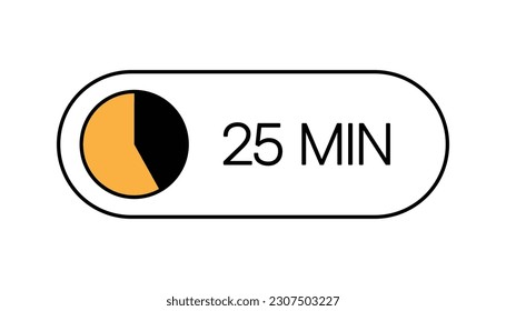 25 Minutes Timer UI UX Design Icon, Modern Minimal Look. Clock, Stop Watch Button, Showing Twenty Five Minutes State. Countdown, Cooking, Remaining Amount Indication. Isolated Vector