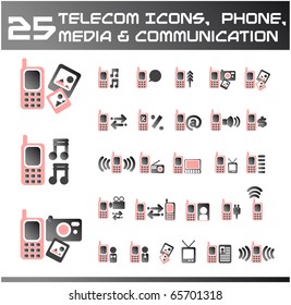 25 Mobile phone icons, telecom, media and communication. Different highly detailed vector Icons for Web Applications.Phone for  Business, Office, Internet, School and Education.