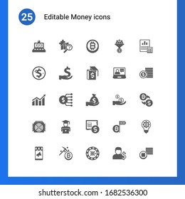 25 money filled icons set isolated on . Icons set with slot machine, quest, bitcoin, Net Income, investment, Business education, Profit, Marketing budget, Deposit, ASIC Miner icons.