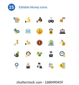 25 money flat icons set isolated on . Icons set with Expenses, investment, Deposit, quest, Angel investor, Net Income, Investor, Dividends, casino Chip, Asset, fintech industry icons.