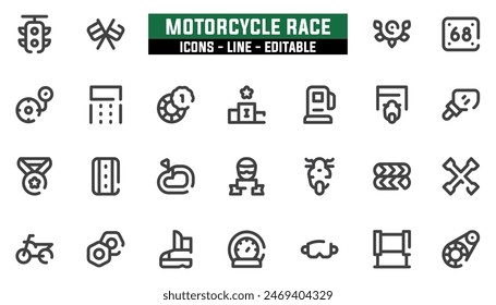 25 motorcycle race icons set, vector line, editable stroke.