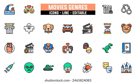 25 movies genres icons set, vector line, editable stroke.