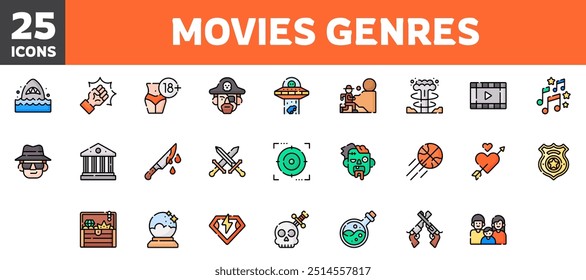 Conjunto de iconos de géneros de 25 películas, línea de Vector, trazo editable.