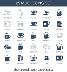 25 mug icons. Trendy mug icons white background. Included filled and line icons such as coffee cup, tea cup, beer, beer mug, coffee, dish, tea. icon for web and mobile.