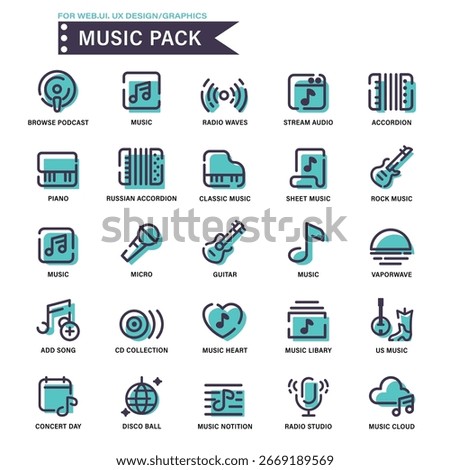 25 Music and audio icon set. Features icons for podcasts, streaming, instruments, and genres like rock and classical. Ideal for music apps, websites, and digital media projects.