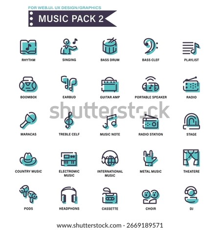 25 Music and audio icon set. Features icons for podcasts, streaming, instruments, and genres like rock and classical. Ideal for music apps, websites, and digital media projects.