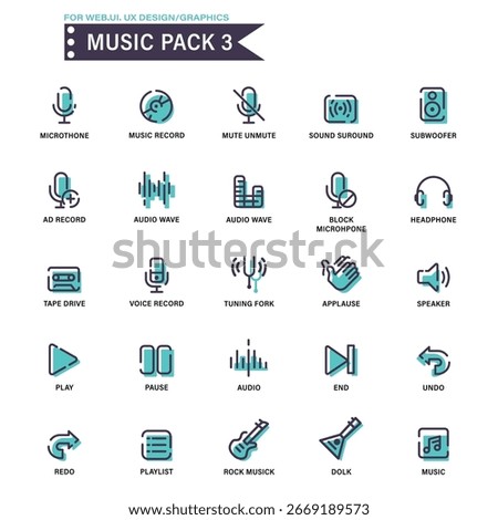 25 Music and audio icon set. Features icons for podcasts, streaming, instruments, and genres like rock and classical. Ideal for music apps, websites, and digital media projects.