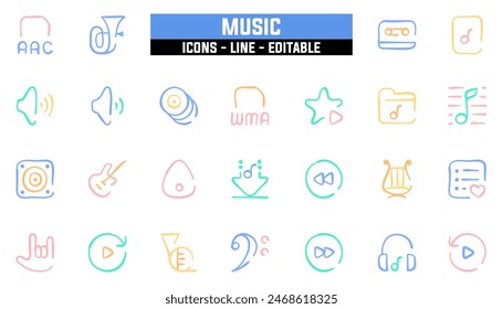 25 music icons set, vector line, editable stroke.