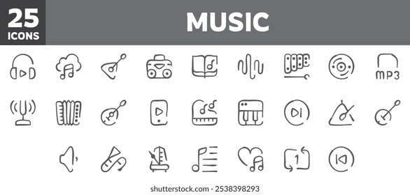 25 iconos de la música fijados, línea del Vector, golpe editable.