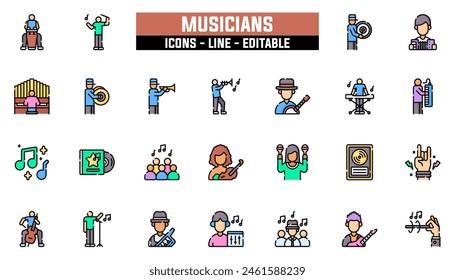 25 musician icons set, vector line, editable stroke.