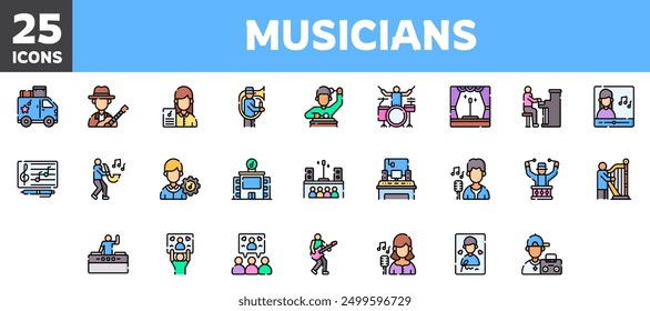 25 musician icons set, vector line, editable stroke.