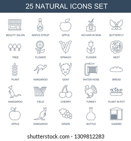 25 natural icons. Trendy natural icons white background. Included line icons such as beauty salon, maple syrup, apple, no hair in skin, butterfly. natural icon for web and mobile.