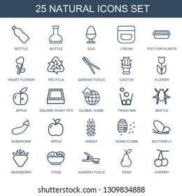 25 natural icons. Trendy natural icons white background. Included outline icons such as bottle, egg, cream, pot for plants, heart flower, recycle. natural icon for web and mobile.