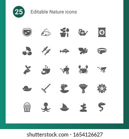 25 nature filled icons set isolated on . Icons set with Aquarium, Fishing, Gardening, cherry, sardine, perch, Soap making, Garden services, seafood, Rake, Seafood, Watering can icons.