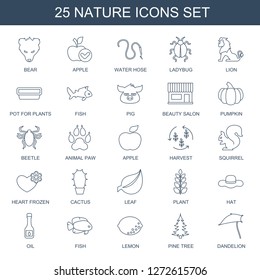 25 nature icons. Trendy nature icons white background. Included line icons such as bear, apple, water hose, ladybug, lion, pot for plants, fish. nature icon for web and mobile.